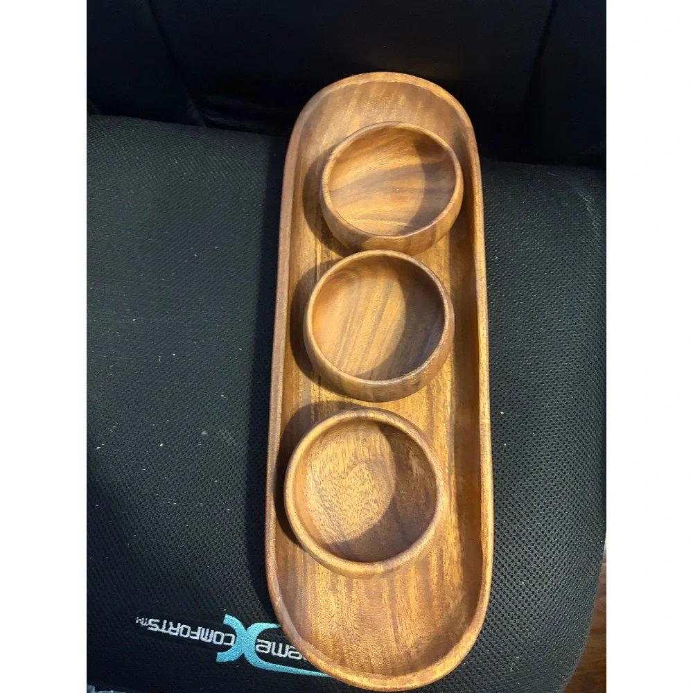 Crate‎ & Barrel Tondo Serving Set Brown Acacia Wood Platter and 3 Bowls
